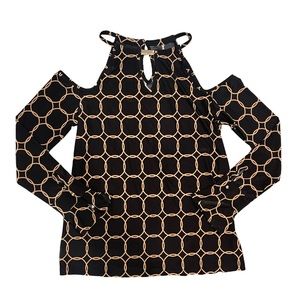 INC International Concepts- Black/Gold Cold Shoulder Long Sleeve Blouse (Petite)